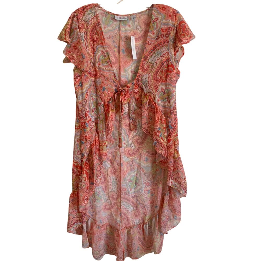 NWT NY & Co. Womens Medium Paisley Sheer Boho Tunic Cardigan Tie Front Whimsy